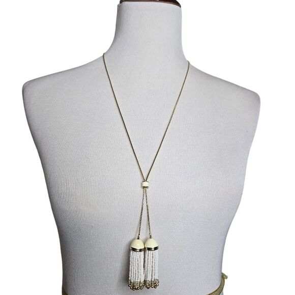 Talbots Double Adjustable Slider Tassle Chain Pendant Necklace Gold White Cream - Picture 1 of 7